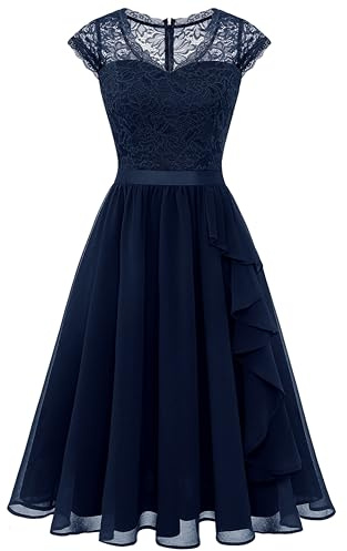 Wedtrend cocktailklänning dam knälång aftonklänning elegant för bröllop elegant A-linje volangklänning, Marinblå, XS