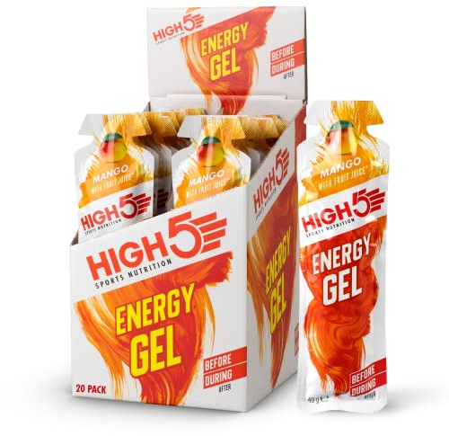 HIGH5 Energy Gels Cycling - Sports Nutrition for Quick Muscle Energy - Natural Fruit Juice & Caffeine-Free - Instant Fuel Gel for Cycling, Running Snacks, Mountain Fuel Gels (Mango, 20 x 40g)