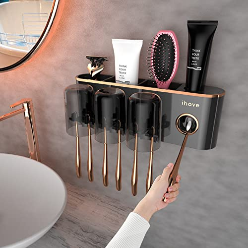 iHave Porte Brosse à Dents Electrique Mural Sans Perçage – Support Brosse a Dent Electrique Adhésif avec Distributeur de Dentifrice, 3 Gobelets Inversés, Rangement Organiseur Salle de Bain, Noir et Or