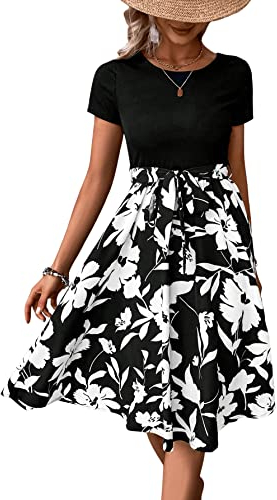 GORGLITTER Damen A Linie Kleid Geblümt Kurzkleid Knielang 2-in-one Freizeitkleid Sommer Faltenkleid Hohe Taille Kleider mit Gürtel Schwarz und Weiß M