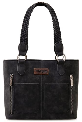 Wrangler Tote Bag for Women Multi Pockets shoulder bag western purse Medium leather like Handbags with Woven Top-Handle WG78-G8317BK