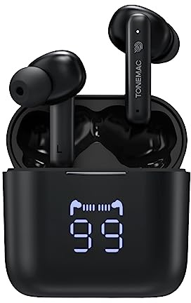 TONEMAC W28 trådlösa öronsnäckor Bluetooth 5.3-hörlurar med 48H-speltid, LED-skärm och trådlöst laddningsfodral, HiFi-stereoljud, IPX6 vattentäta hörlurar med inbyggd mikrofon för sport