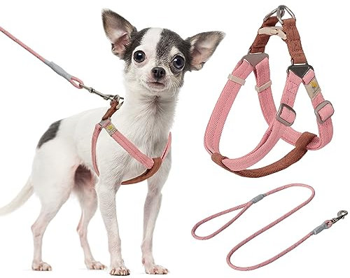 BELLA & PAL Hundegeschirr und Leine Set, Weiche Nylon Step-in Welpengeschirr für Extra Kleine Hunde, Atmungsaktives Leichtes Verstellbares Brustgeschirr, Pink-Braun, XS