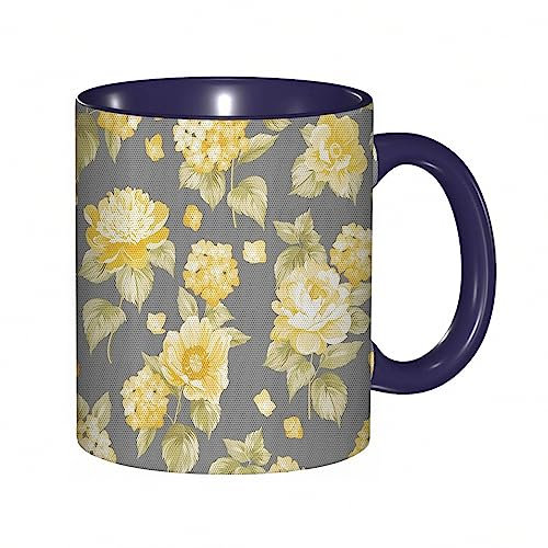 Coffee Mug Flower Hydrangea Chrysanthemum Hortensia Pattern Rustic Old Style Illustration 11Oz Ceramic Tea Cup with Handle for Home Office Christmas Birthday