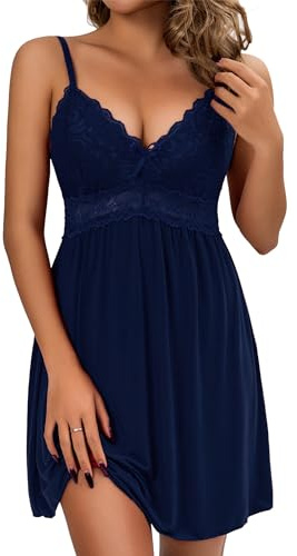 Oberitiny Women Lace Modal Nightwear Sleepwear Chemises V-Neck Full Slip Babydoll Nightgown (Navy Blue, XXL)