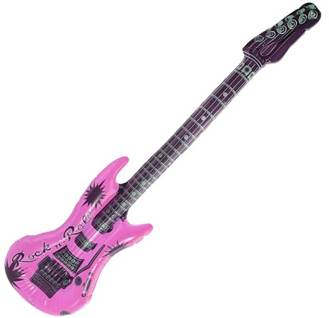 Chitarra elettrica gonfiabile rosa fluo rosa e nera, perfetta per feste a tema musicale ed eventi in maschera