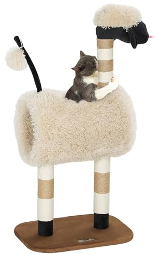 PawHut Kratzbaum 98 cm Katzenturm im Schaf-Design mit Kratzpfosten, Tunnel, Spielball, mehrstöckiger Katzenkratzbaum, Kletterbaum, für Katzen bis 5 kg, Hellbraun