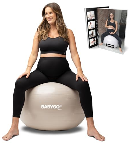BABYGO Birthing Ball - Pregnancy Yoga Labor & Exercise Ball & Book Set Trimester Targeting, Maternity Physio, Birth & Recovery Plan Included Anti Burst Eco Friendly (Oatmeal, 65cm)