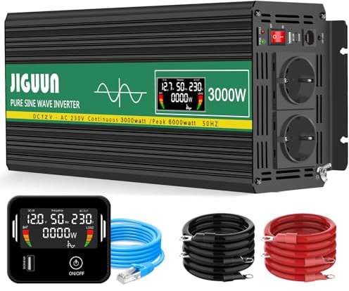 JIGUUN 3000W Convertisseur 12V 220V Pur Sinus Onduleur transformateur Puissance crête 6000W avec Télécommande Écran LCD 2 Prises EU 1 Port USB pour Voiture Camping Voyage Urgence (3000W 12V)