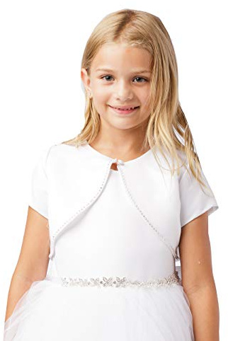 iGirlDress Big Girl's White Satin Short Sleeve Bolero with Bead Trimming First Communion Flower Girl Shrug 7905 Size 8