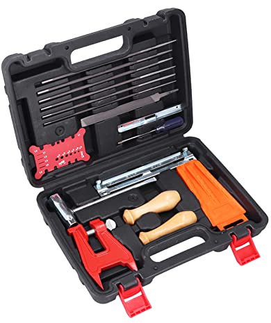 Attrezzo per affilare la catena della motosega, kit completo per l'affilatura della catena della motosega versatile ad alta resistenza con cassetta degli attrezzi per la manutenzione