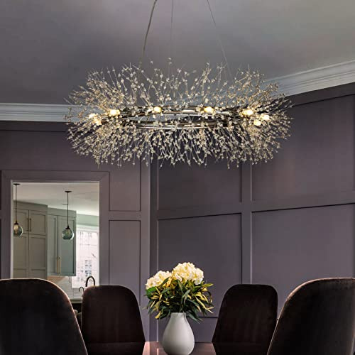 ALOADECOR 12-Lights Stainless Steel Firework Crystal Chandelier in Chrome Wagon Wheel Round Pendant Ring Ceiling Light for Living Room Dining Room