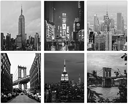 PLIGREAT 6 pz New York City View Stampe Da Parete, Decorazione Artistica Da Parete In Bianco e Nero, Foto di Monumenti Della Città Dipinti Murali Stampe su Tela Senza Cornice per Soggiorno Camera