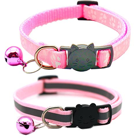 Hepplly Lot de 2 colliers pour chat avec détachement rapide réfléchissant avec clochette pour chaton (Rose clair)