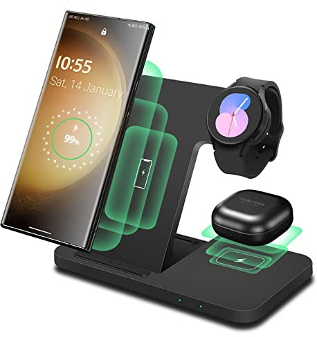 Drahtloses Ladegerät 3 in 1,Faltbare schnelle Induktions-Ladestation für Samsung S25 S24 S23 S22+ S21 S20 Ultra FE/Note/Z Flip Fold 6 5 4,Galaxy Watch 7/Ultra/6/5 Pro/5/4/3,Galaxy Buds-Schwarz