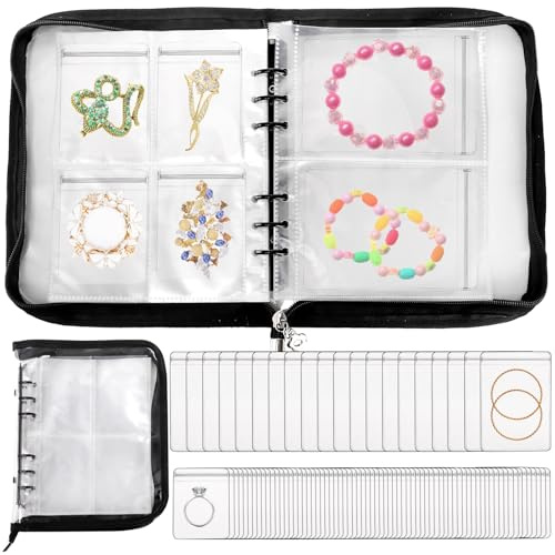 Acshio 91 Slot Transparent Jewelry Organizer Book, Travel Earring Storage Case with Zipper, High Capacity Jewelry Organizer Ring Holder for Earrings, Necklace, Bracelet, Black
