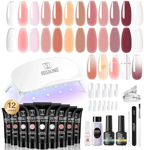 ROSALIND Poligel per Unghie Set, Gel Unghie Ricostruzione Kit Completo con Mini UV Lampada, Base & Top Coat, Nail Art 12 Colore 10ml Poly Nail Gel Completo kit per Principiante, Professionale e Salone