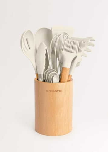 CREATE/Set d'utensiles de cuisine Blanc cassé et bois / 11 Utensiles de cuisine en silicone et bois hêtre naturel, sans BPA, jusqu'à 230°C