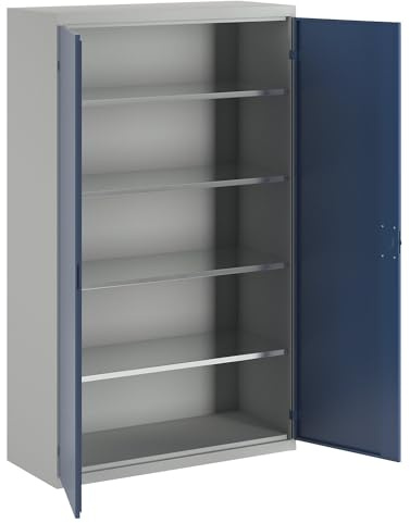 eurokraft | Flügeltürenschrank | 4 Fachböden | Breite 1200 mm | lichtgrau/enzianblau