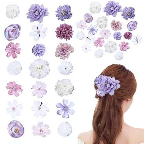 Artificielle Fleur Pinces à Cheveux,21 PCS Hawaii Barrette Fleur Pince Cheveux Femme,Hair Clips Multicolore,Epingle à Cheveux pour les Filles pour la Décoration de Mariage et de Fête(Violet Blanc)