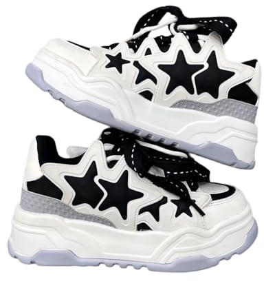 Star Shoes Walking Cute Sneakers for Women Thick Sole Y2K Shoes Walking Shoes Flat Platform Chunky Kawaii Style (6.5,Black,Female,Adult,US_Footwear_Size_System,Adult,Numeric,Medium,Women)