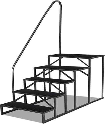 Escalera 5 Peldaños con Pasamanos, Escalera de Acero Antideslizante para Caravanas y Piscinas, Escalera Portátil para Autocaravanas con Cinco Ruedas, Escalera Doméstica de Exterior