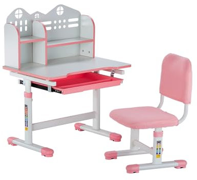 VEVOR Schreibtisch Set Kinderschreibtisch Arbeitstisch und Stuhl höhenverstellbar (53-71 cm) belastbar (100 kg) mit Bücherregal & Schubladen für Schlafzimmer Arbeitszimmer Schule Rosa