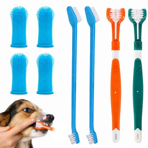 Dog Toothbrush Set, 2 Pack Triple Heads Dog Toothbrushes with 4 Pcs Finger Toothbrushes, 360°Silicone Pet Finger Toothbrush,Multi-Angle Dental Cleaning Brushes,for Dogs Cat pet Tooth Dental Health