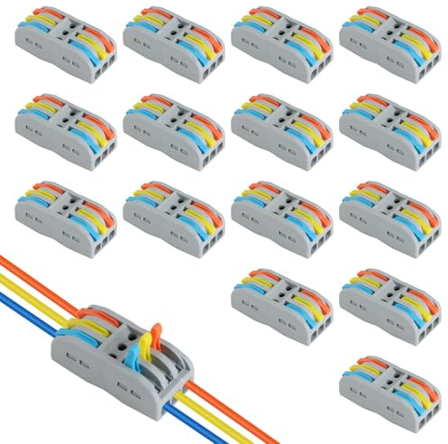 15 Morsetti di collegamento con leva, morsetti a 3 poli per cavi 0,08 – 4 mm², connettori rapidi per cavi di alimentazione, installazione elettrica, ventola per auto domestica