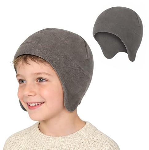 TAGVO Kids Winter Cycling Skull Cap Under Helmet Hat，Lightweight Windproof Helmet Liner Hat with Ear Flaps for Boys & Girls 3–10 Years Grey