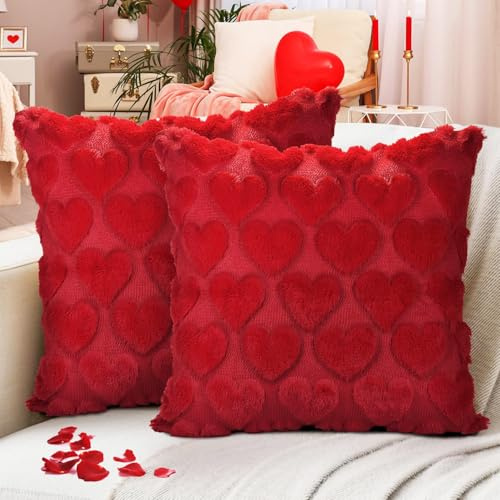 Spiritzohic Valentines Day Soft Plush Love Heart Pillow Covers, Faux Fur Wool Decorative Anniversary Cushion Case for Sofa Home Decoration, 45 X 45 CM Set of 2