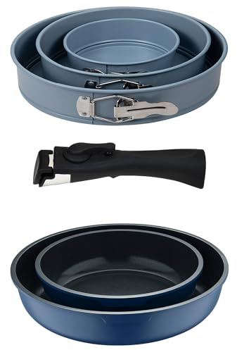 Bergner Click&Cook Juego de 2 Sartenes Ø22Ø26cm Aluminio fundido Azul con Mango desmontable+Juego de 3 moldes de horno redondos Ø12Ø18Ø22cm