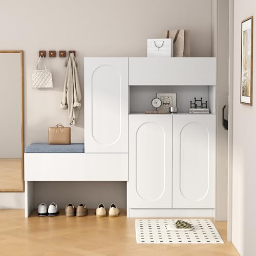 VIEKOS Scarpiera alla moda 2 in 1 con ante curve, porta pieghevole con funzione soft close, scomparti regolabili in altezza e panca imbottita, colore bianco, 130 x 35 x 110 cm