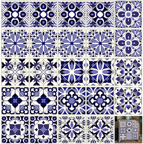 LIUZHUJ 24 Piezas Pegatinas para Baldosas de Cocina, Azul Azulejos Decorativos Impermeables, Estilo-Marroquí Pvc Autoadhesivo Pared, 10 Estilos Pegatinas para Azulejos, para Baño, Cocina, Balcón