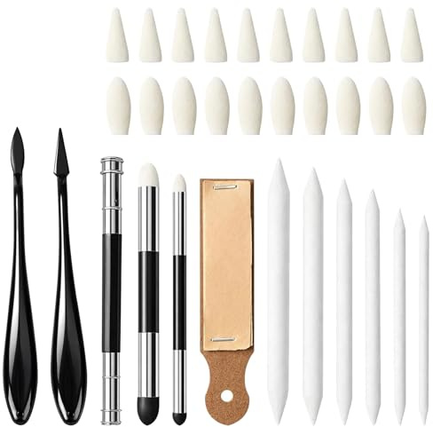 Lot de 32 estompes et tortillons professionnels avec stylos éponge et taille-papier de verre, lavables et réutilisables pour le fusain, les croquis en graphite par des artistes et des étudiants