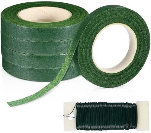 BRIGHTFUFU Kit D’outils D’art Floral 5 Rouleaux de Ruban Vert et 1 Fil | Couronnes de Noël et Créations Diy, Plastique et Métal, Se Coupe et Se Déchire Facilement