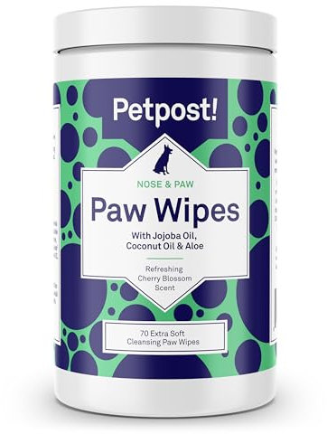 Petpost | Pfotentücher für Hunde – pflegender Pfotenreiniger mit Kokosöl, Jojobaöl und Aloe Vera – 70 ultraweiche Wattetücher für die sanfte Pfotenpflege (Kirschblüten)
