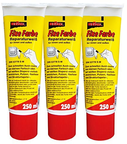 Preisjubel 3 x Brücol Fixe Farbe Reparaturweiß für innen und außen 250ml, Wandfarbe