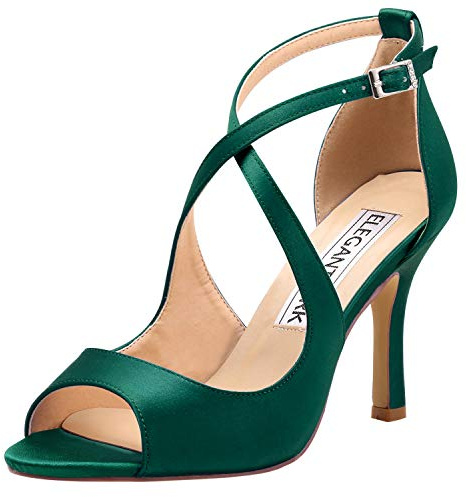 ELEGANTPARK HP1820 Dark Green Sandals for Women Peep Toe Bridal Wedding Shoes for Bride High Heel Strappy Sandals Satin Evening Prom Dress Shoes US 7.5