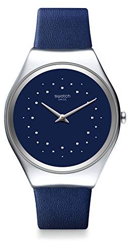 Swatch Unisex Analoger Quarz Uhr mit Echtes Leder Armband SYXS127, One Size, Blau