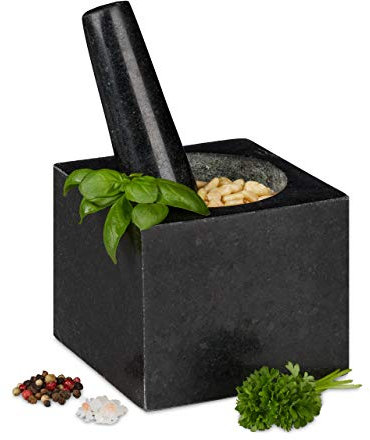 Relaxdays Mortaio & Pestello in Granito, Robusto & Resistente, Erbe Aromatiche, Quadrato, V 250 ml, 9,5x11x11cm, grigio