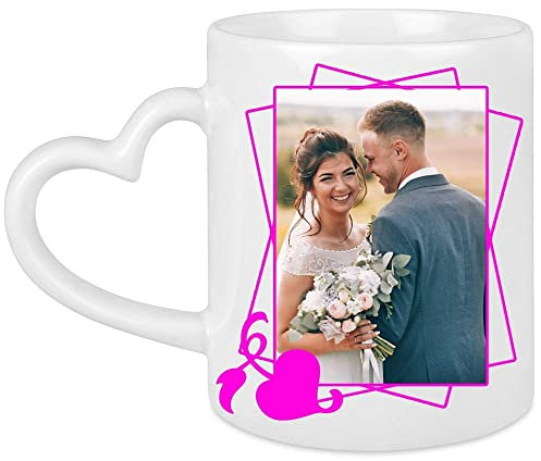Ocadeau Mug blanc céramique coeur personnalisé photo – Mug imprimé blanc avec anse en forme de cœur – Tasse personnalisable avec poignée cœur originale