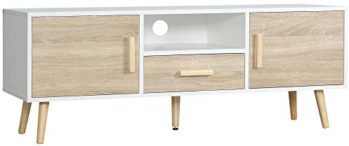 HOMCOM Mueble bajo para TV de hasta 46 con Estante Abierto, un cajón y 2 armarios, Mueble para TV en aglomerado y Madera de Pino, 120x37x45,5cm, Blanco y Color Madera