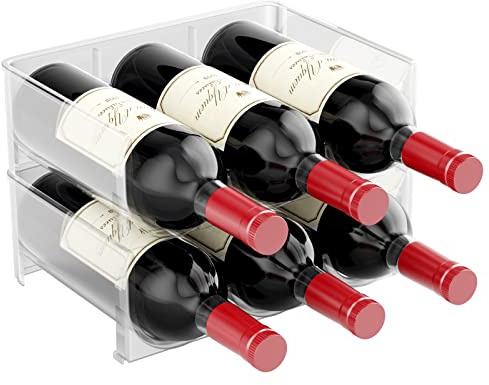 Relota Set di 2 bottiglie per vino, porta bottiglia frigo, porta vino impilabile, bottiglia in polistirene, contenitore per bottiglie verticali, può contenere fino a 6 bottiglie, adatto per armadietti