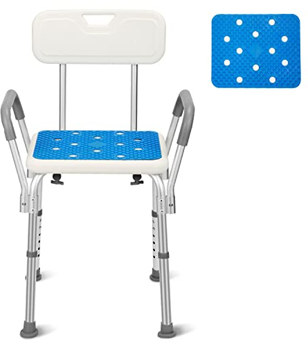 Izrielar Duschpall, höjdjusterbar duschstol, duschstol med ryggstöd och armstöd, badpall, aluminium duschhjälp, badstol med halkskydd