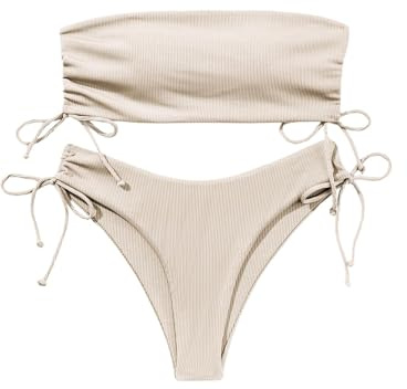 GORGLITTER Bandeau Bikini para mujer, de cintura alta, sin tirantes, con cordón, conjunto de bikini monocolor, dos piezas, traje de baño, Albaricoque, XS