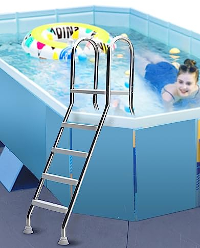 Escalera de Piscina Antideslizante de 4 Peldaños para Piscinas Elevadas, con Plataforma Grande, Peldaños de Acero Inoxidable Desmontables para Gimnasio de Natación, Carga 250kg