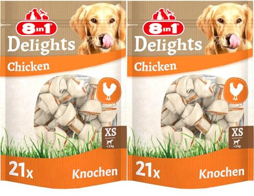 8in1 Delights Chicken Knochen XS - gesunde Kauknochen für mini Hunde, hochwertiges Hähnchenfleisch eingewickelt in Rinderhaut, 21 Stück (Packung mit 2)