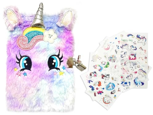 NyxSeat 1 x tecknad anteckningsbok med lås, 6 klistermärken, regnbågsskimmer dagbok med broderi, plyschöron, hemlig dagbok för flickor, teckning, skrivning (lila)