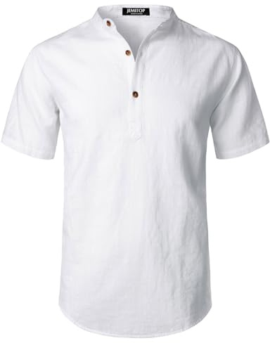 JEMITOP Men's Cotton Linen Lightweight Henley Shirt Casual Banded Collar Moisture-Wicking Short Sleeve T-Shirt for Summer Beach Vacation White L